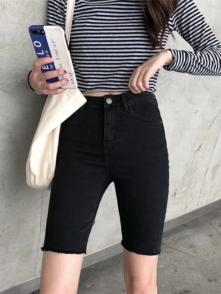 

High Waist Stretchy Denim Five-Point Pants Women's Summer Small Size Tight Riding Pants Slimming ort Trendy Cotton Blend