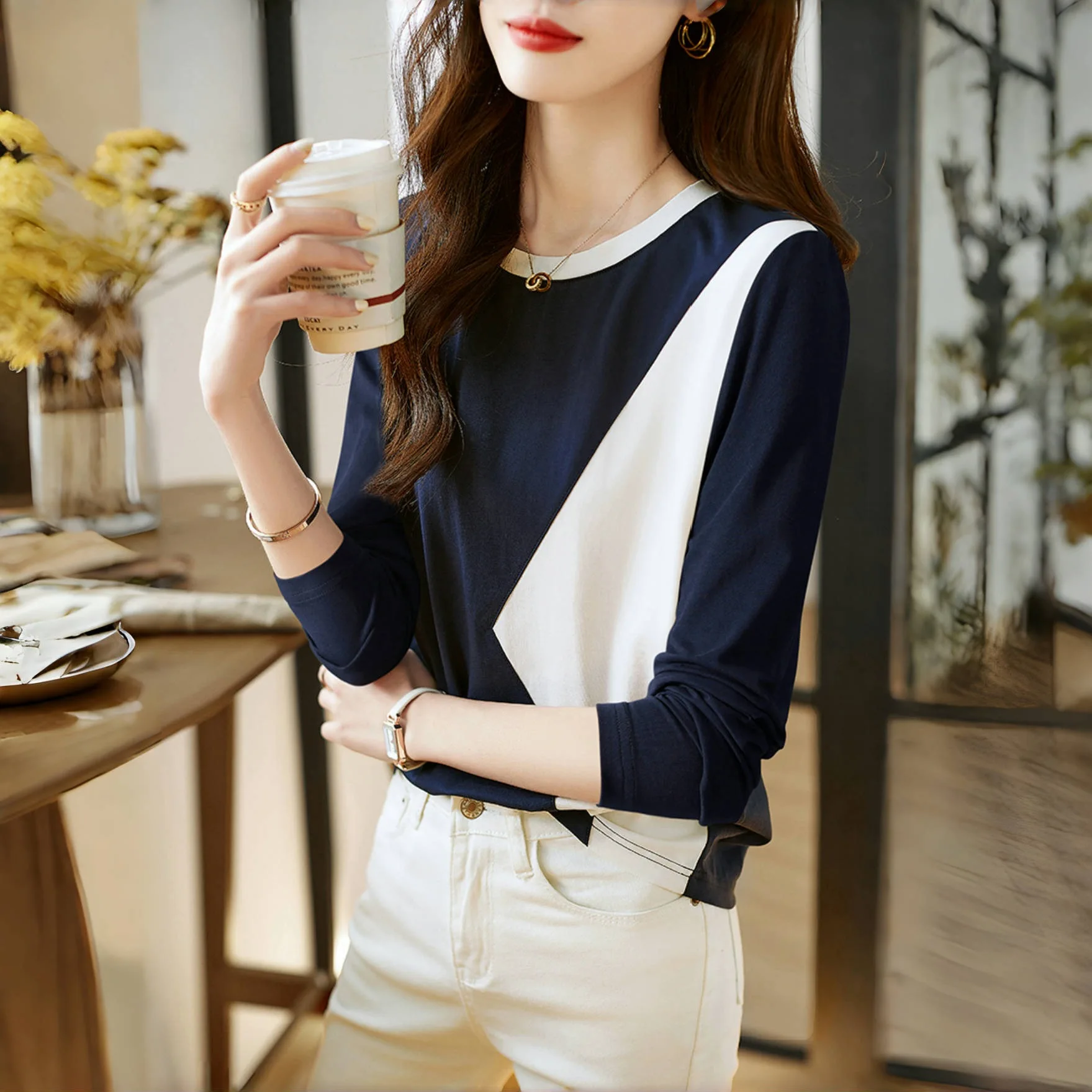 

Cotton Long Sleeve T-Shirt Women Spring Autumn New Patchwork Color Block Round Neck Basewear Top