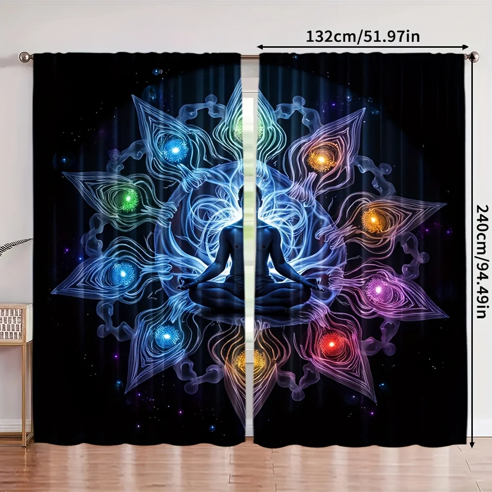 2pcs Meditation Chakra Curtains Yoga Energy Aura Print Drape Spiritual Living Room Window Treatment Zen Home Decor Panels