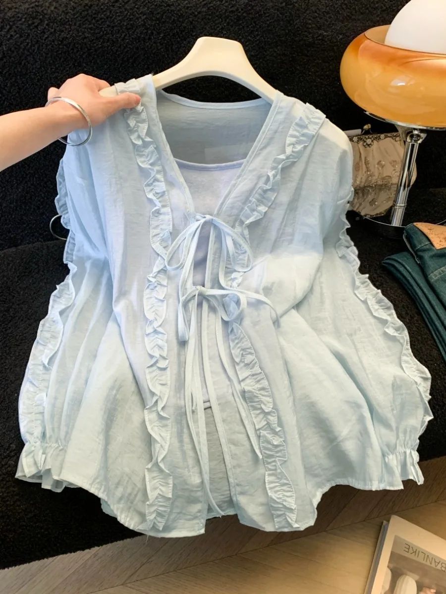 

Women's Summer Thin Sun Protection Shirt V-neck Earlet Lace Trim Blouse with Sling Cardigan Lazy Style Top Set Two Pieces