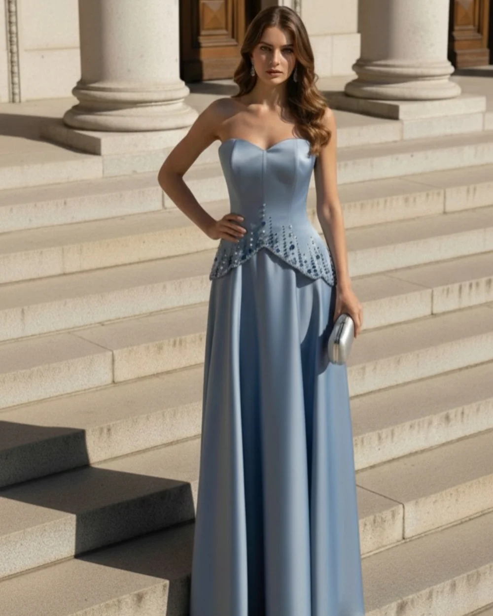 

Customized High Quality Women Jersey Rhinestone Beading A-Line Evening Dresses Sexy Strapless Sleeveless Floor Lenght Party Gown