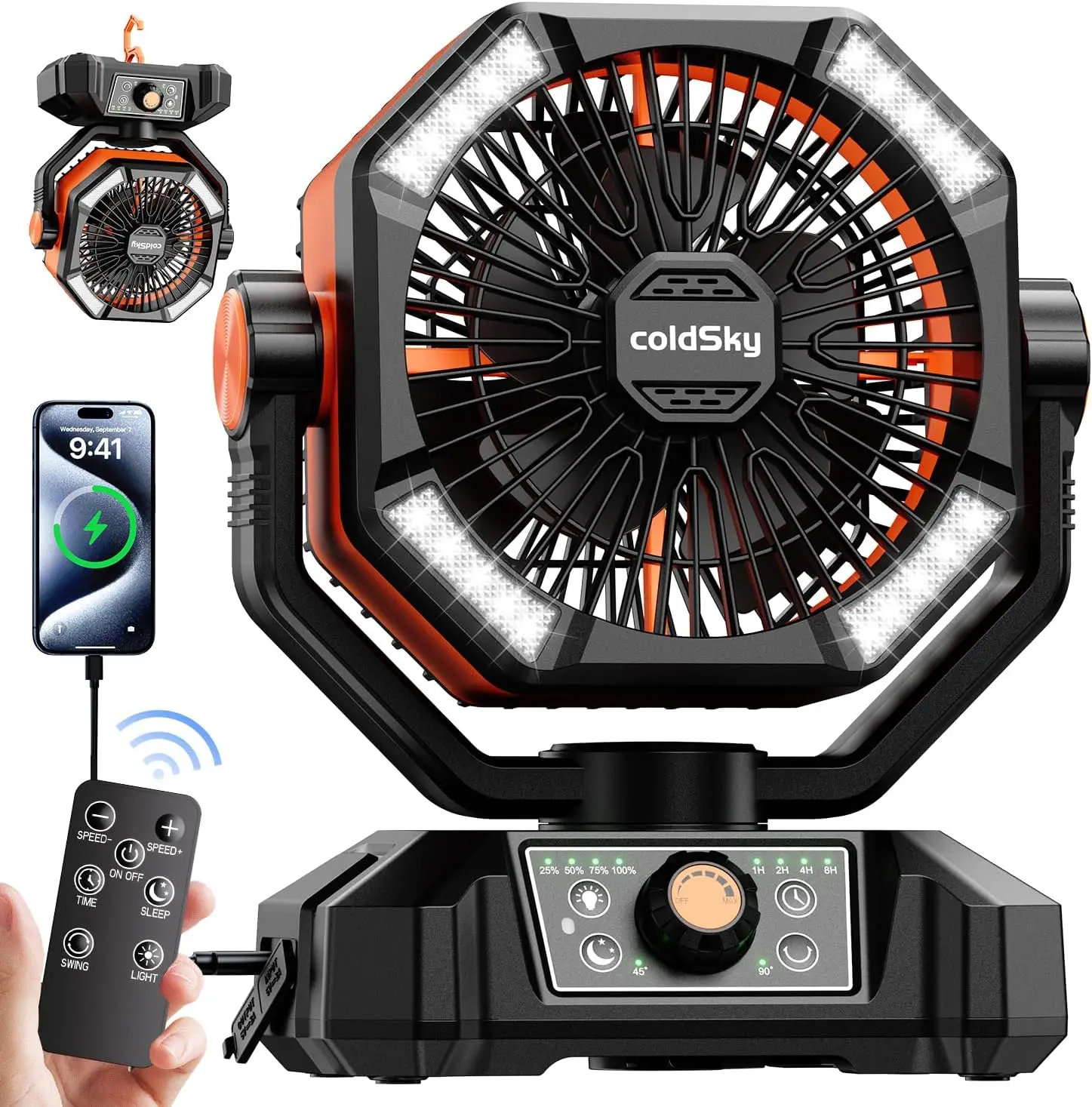 

20000mAh Rechargeable Camping Fan with Dual Motor, 8 Speeds, LED Lantern & Remote Control for Outdoor Use