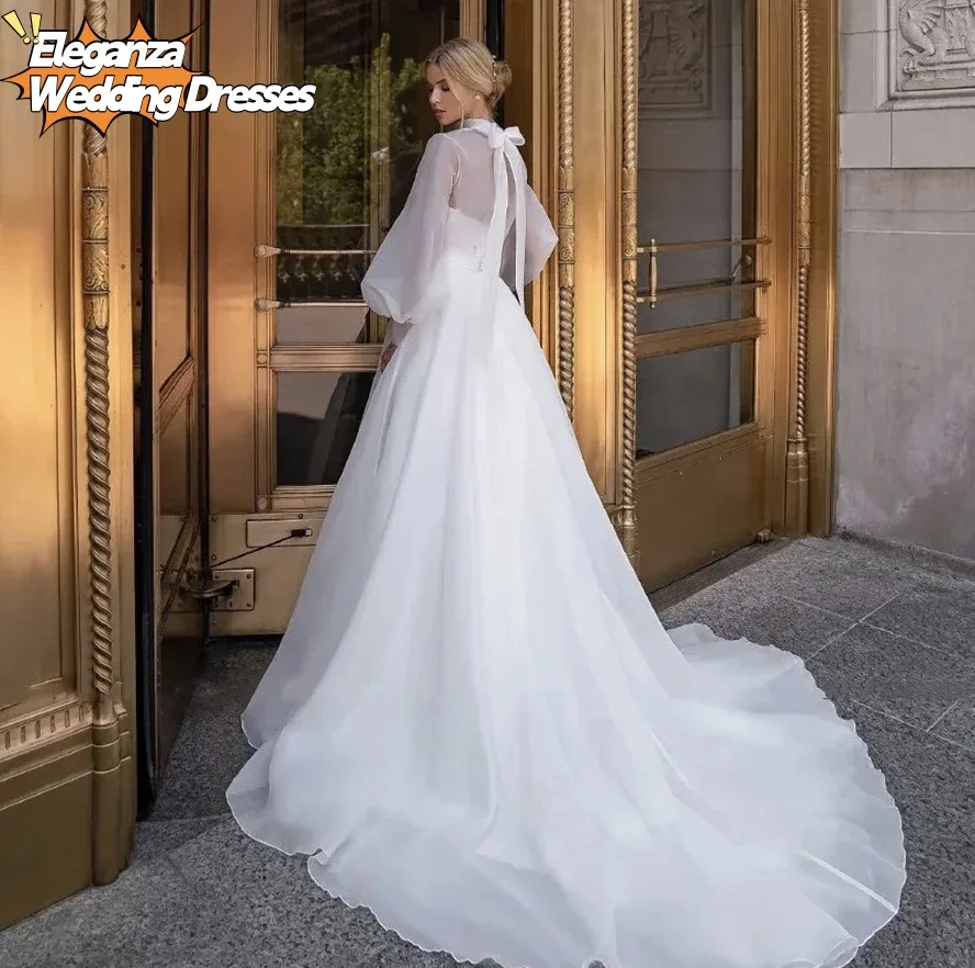 تخصيص الرقبة العالية شفافة طويلة الأكمام شفافة قاسية الشاش فستان الزفاف ألف خط القوس فستان الزفاف الأنيق 2025