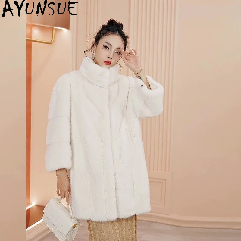 AYUNSUE Natural Mink Fur Coat Women Winter Clothes Mid-length New in Coats Whole Mink Woman Jacket Fashion 2026 Шуба Женская