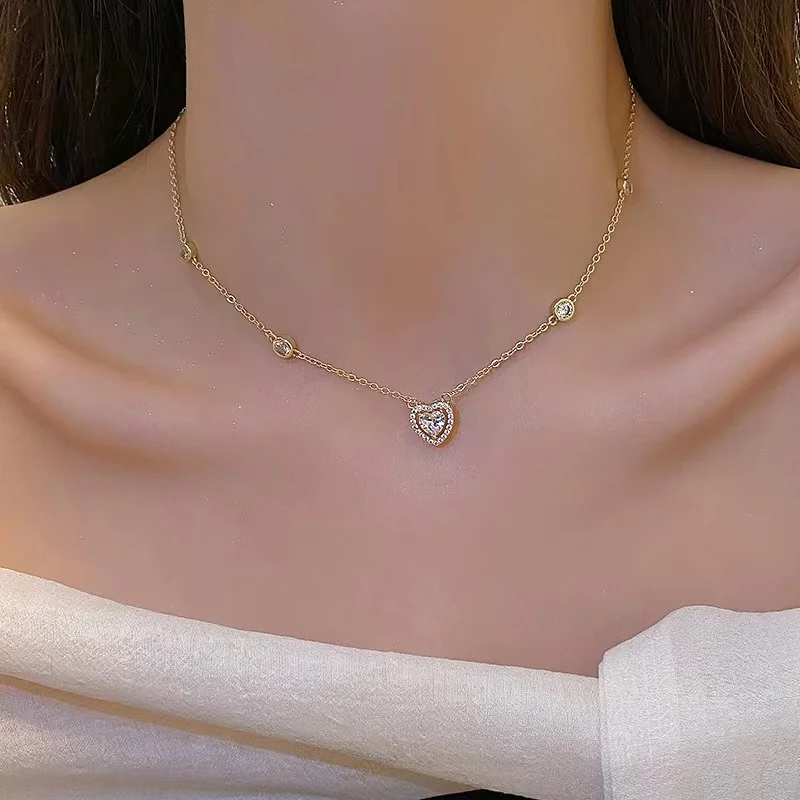 New Fashion Trend Stainless Steel Elegant Delicate Simple Heart Zircon Necklace Women Jewelry Wedding Party Premium Gift