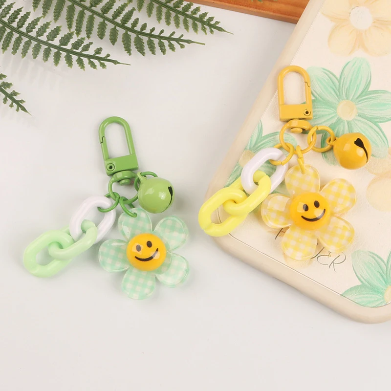 Lovely Sunflower Smiling Bell Pendant Keychain Women Candy Color Bag Key Charms For Gift