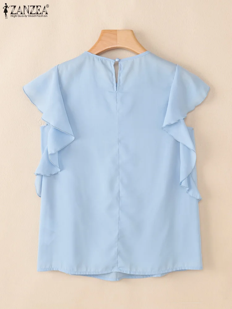 Stijlvolle Zomerblouse ZANZEA 2025, Elegant Office Shirt Vrouwen Korte Ruches Mouw Tuniek Tops Mujer Casual Solid O Hals Blusas
