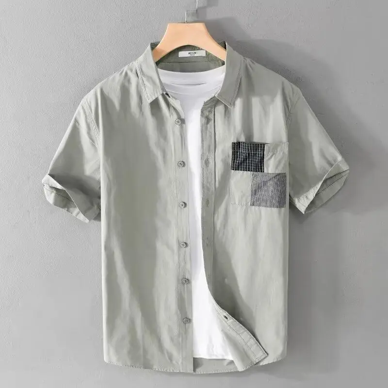 

Casual Oxford Cloth Short Sleeve Shirt Men's Summer Thin Breathable Polyester Fiber Pocket Patchwork Fashionable Design Shirt