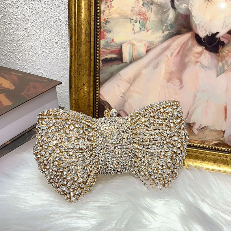 

Luxury Designer Metal Butterfly-Knot Wedding Party Clutch Purse Shiny Rhinestones Diamond Evening Bag Women Handbag Shoulder Bag
