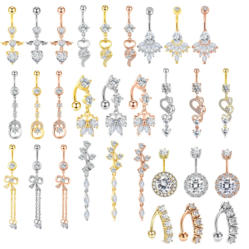 1PCS Surgical Steel Dangle Belly Button Rings Zircon Heart Navel Piercing Reverse Cute Belly Button Piercing Sexy Navel Ring