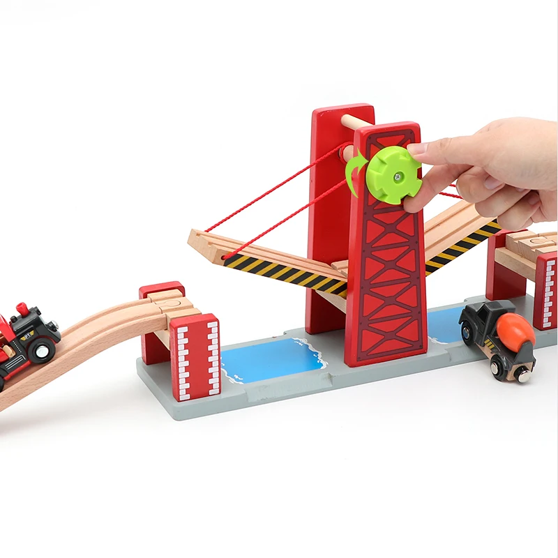 Set di giocattoli per binari del treno in legno Set di sollevamento Accessori per ponti a sospensione di grandi dimensioni Binario per binari Ferrovia in legno Giocattoli per bambini PD82