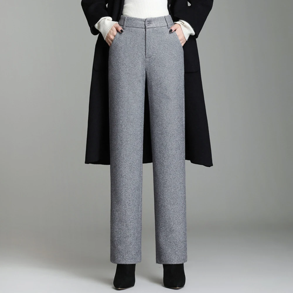 YUEY Autumn Winter Thicken Woolen Straight Feet Pants Women  Elastic Waist Flat OL Densy Warm Wool Trousers Beige Grey