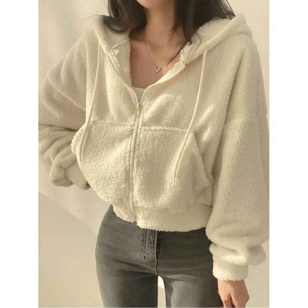 Sudadera con capucha de lana gruesa y cálida de estilo coreano para mujer, abrigo corto con cordón y cremallera, chaqueta de terciopelo de cordero, ropa informal para otoño e invierno