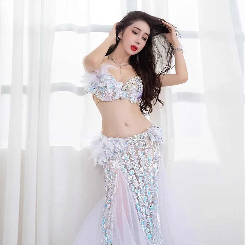 Vestido de danza del vientre personalizado, ropa de actuación, trajes de danza Oriental femenina, falda larga Sexy, conjunto de malla QC2997