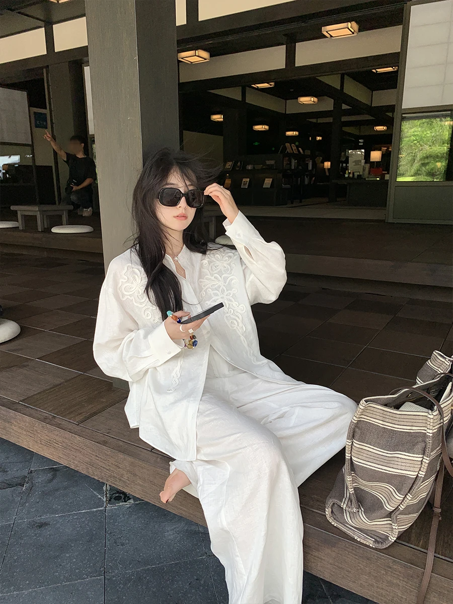 

Aboutpoem Retro Sle Embroidered Cotton irt Women's High Waist Straight Leg Pants Outfit Summer Collection Linen Blend