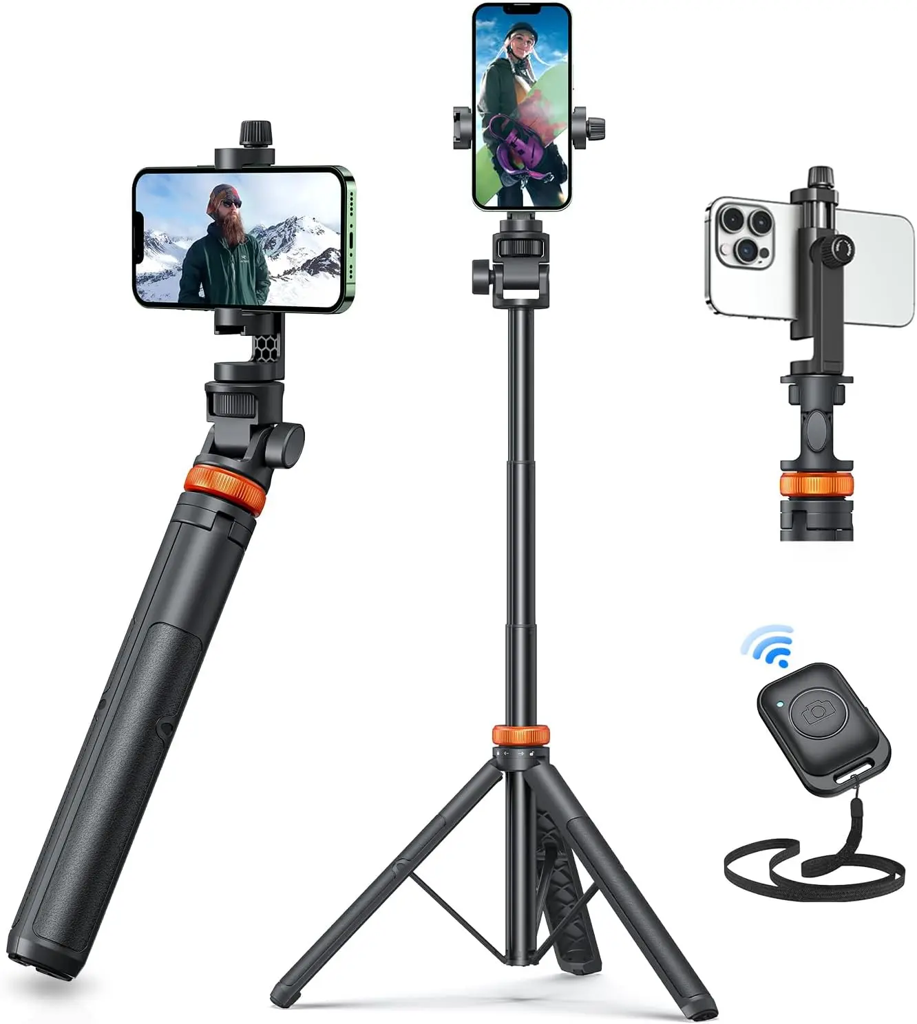 

62" Extendable Phone Tripod with Remote, Selfie Stick & Holder for iPhone/Android, Sturdy Stand
