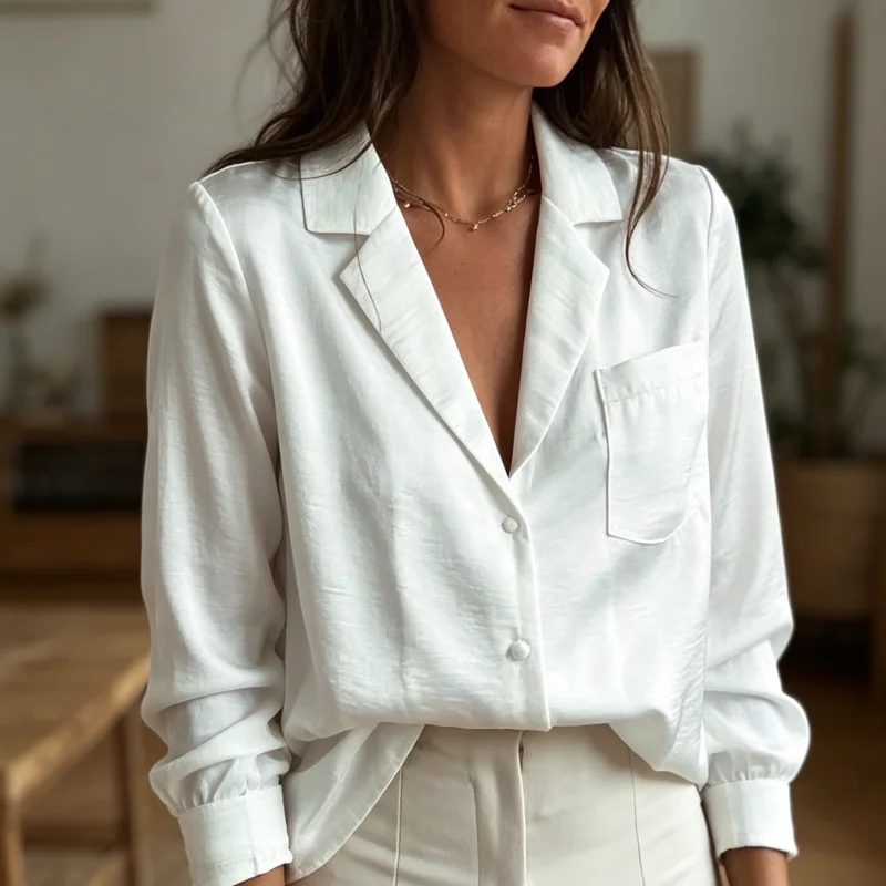 Women Blouse Long Sleeve Chest Pocket Textured Fabric Solid Color Loose Shirts Casual Office Commuter Women Daily Wear Tops