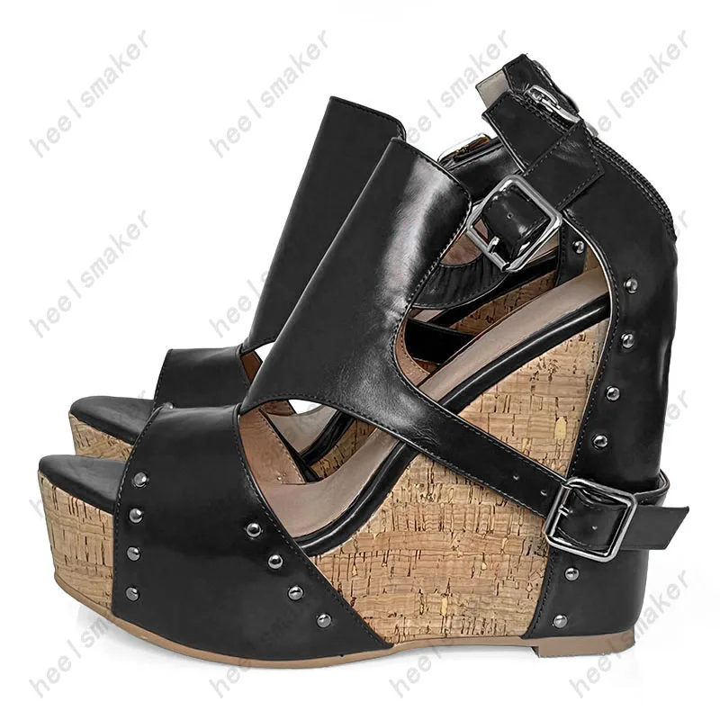 Sukeia Women Platform Sandals Faux Leather Buckle Strap Wedges Heels Round Toe Gorgeous Brown Casual Shoes US Size 5-20