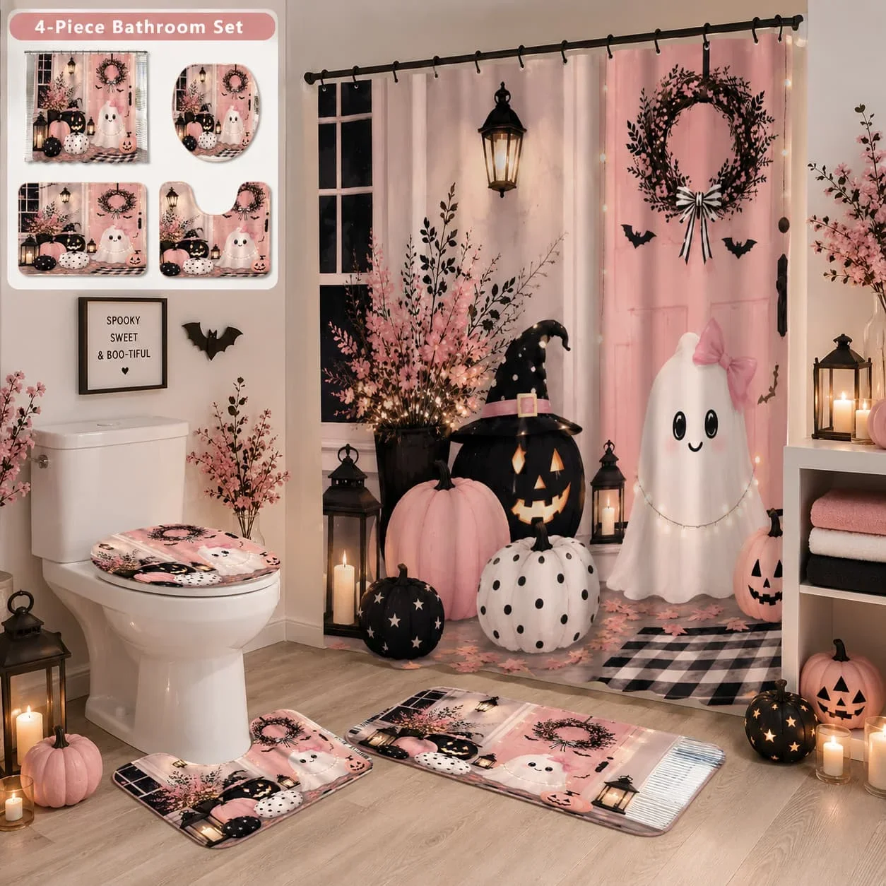 2D Flat, 4pcs 2D Flat Pink Halloween Shower Curtain Set, Cute Ghost Pumpkins Bathroom Decor, Additions with, U-Shaped, Toilet Li