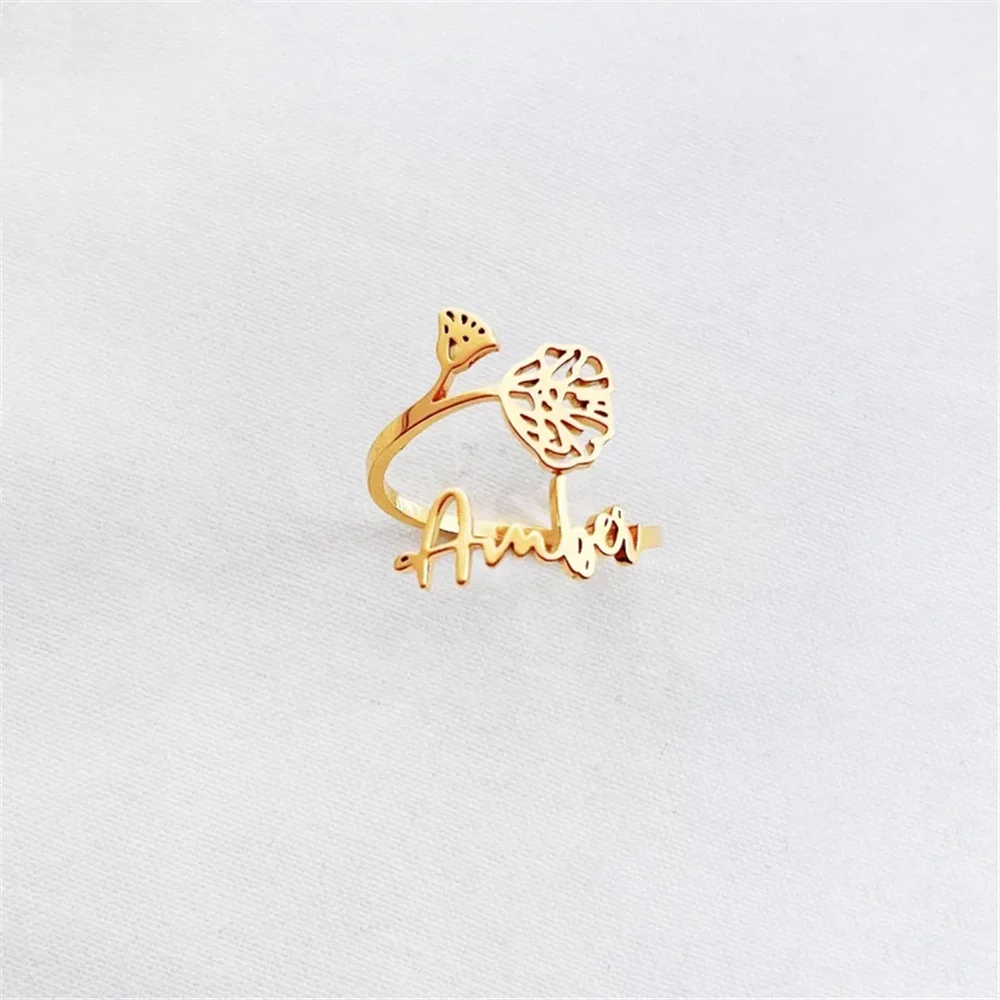 

Custom Handwriting Name Ring Personalized Birth Flower Letter Rings Stainless Steel Adjustable Ring for Women Jewelry Gifts