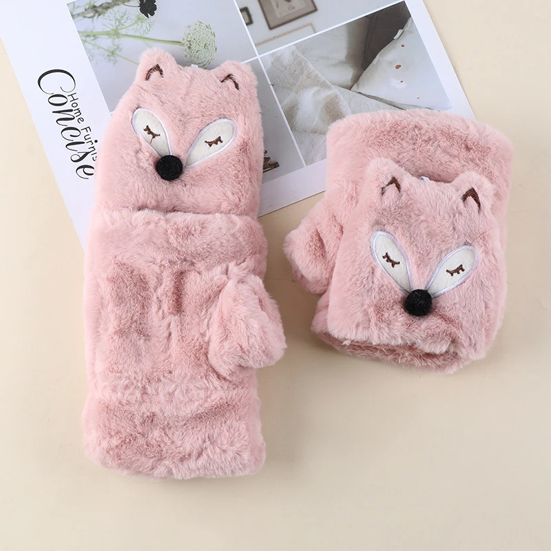 

Winter Girls Gloves Korea Cute Rabbit Half Finger Flip Writing Plush Thick Warm Winter Gloves Women Fingerless Gloves