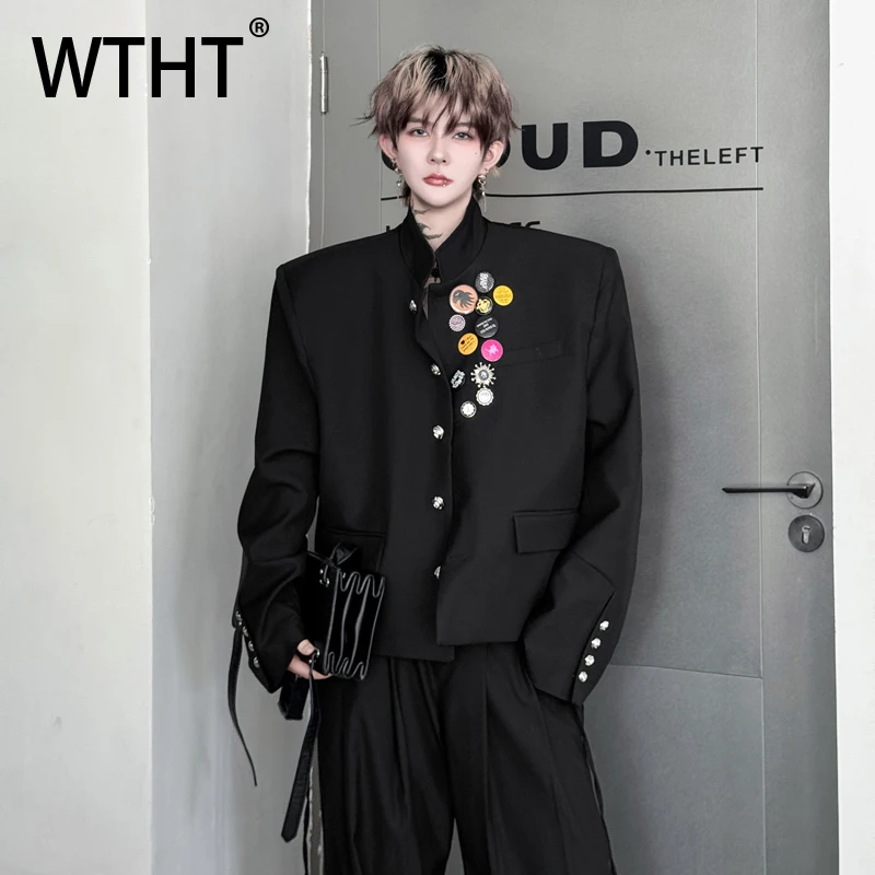

WTHT Fashion Men‘s Spliced Metal Design Contrast Color Coats Trendy Stand Collar Long Sleeves Jackets Male 2025 Autumn 2A1716