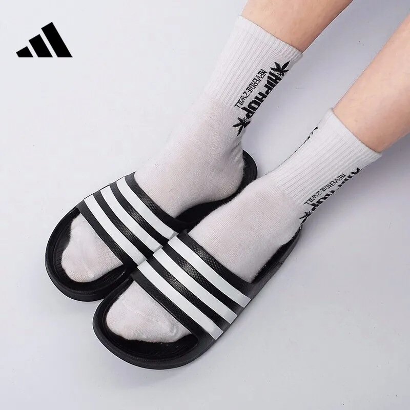 2026 New Adidas Slides Black White Classic Striped Shower Beach Sandals F35543