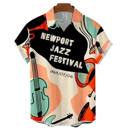 Musical Instrument 3D Print Hawaiian Shirt Men's Retro Jazz Pattern Short Sleeved Shirts Casual Oversized Harajuku Lapel Blouse