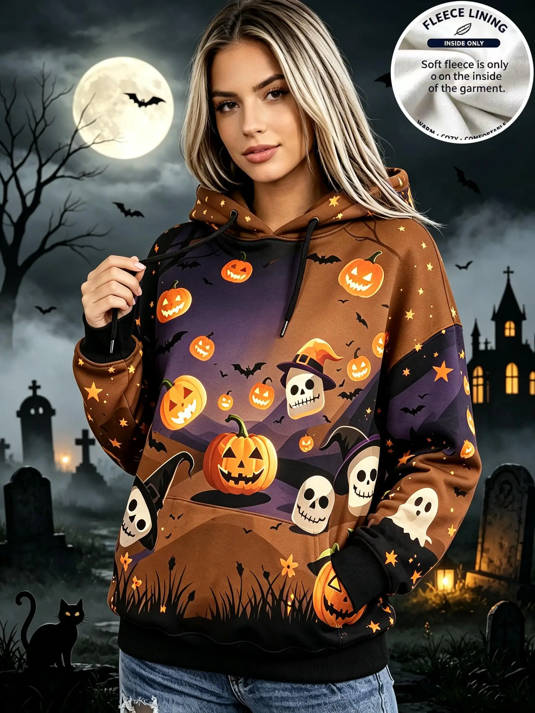 Women Brown Purple Gradient Halloween Pumpkin Skull Ghost Print Hoodie Warm Fleece Lined Drawstring Pocket Pullove