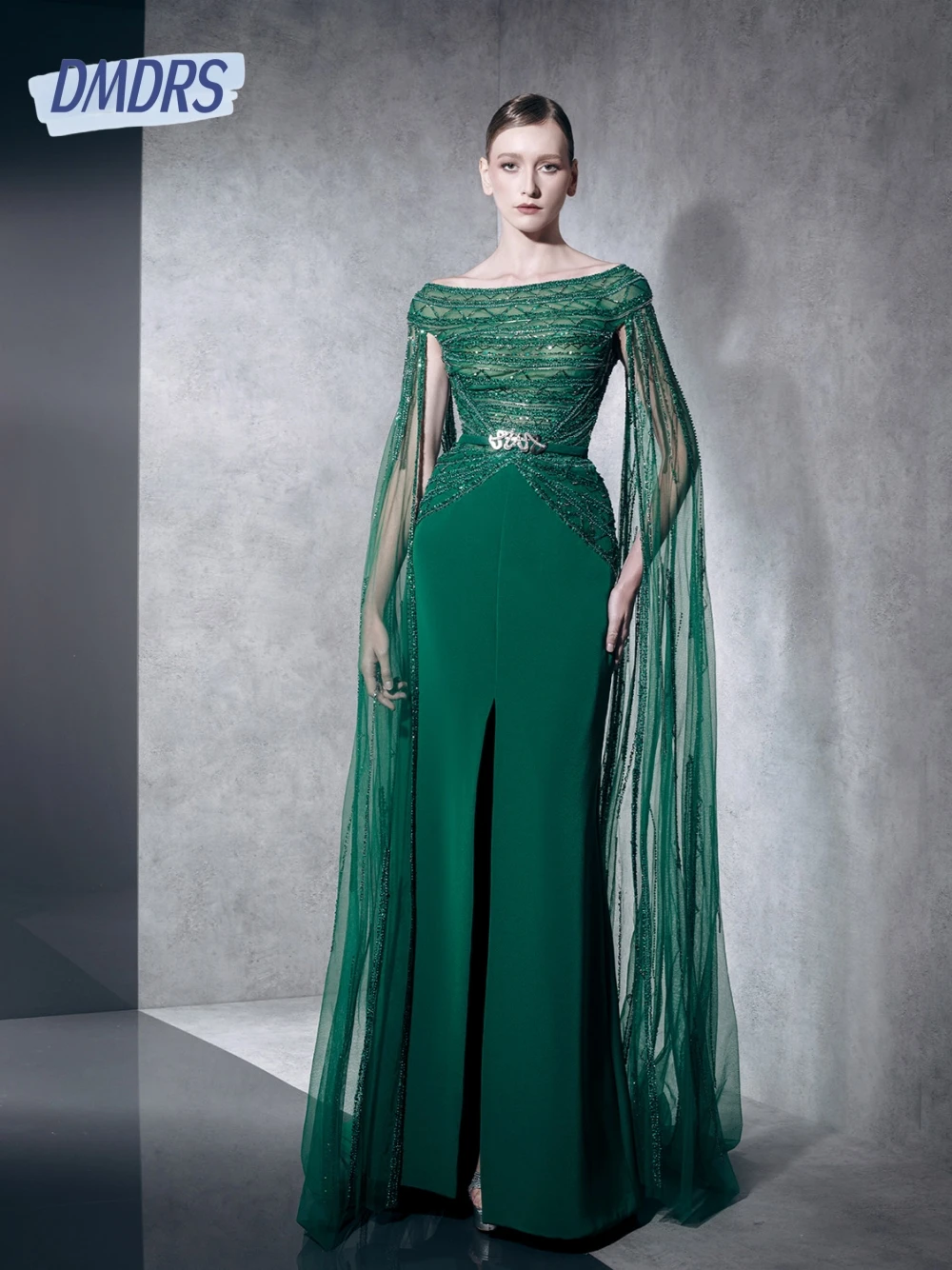 

Green Cape Sleeves Evening Dress Mother Of Prom Gown Front Slit Customized Delicate Beaded Formal Party Cocktail Women Wear
