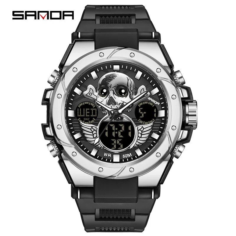 SANDA Sport 6087 Watch Men Military Army Top Brand Skull Wristwatch Dual Display Male Watch For Men Clock Waterproof Hours