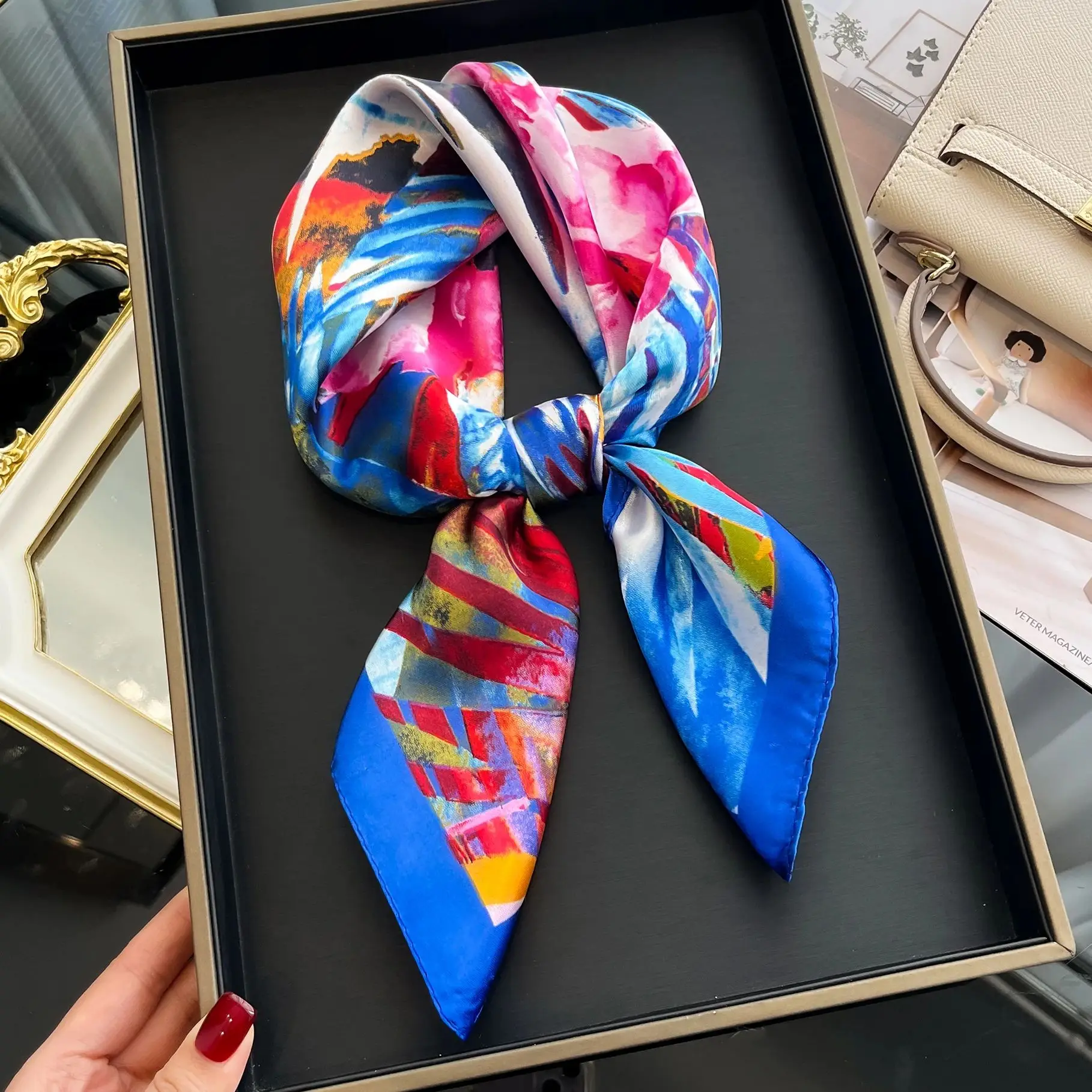 Luxury Silk Hair Square Scarf Women Satin Neck Tie Hand Wrist Foulard Summer Print Shawl Wraps Head Kerchief Hijab Bandana New