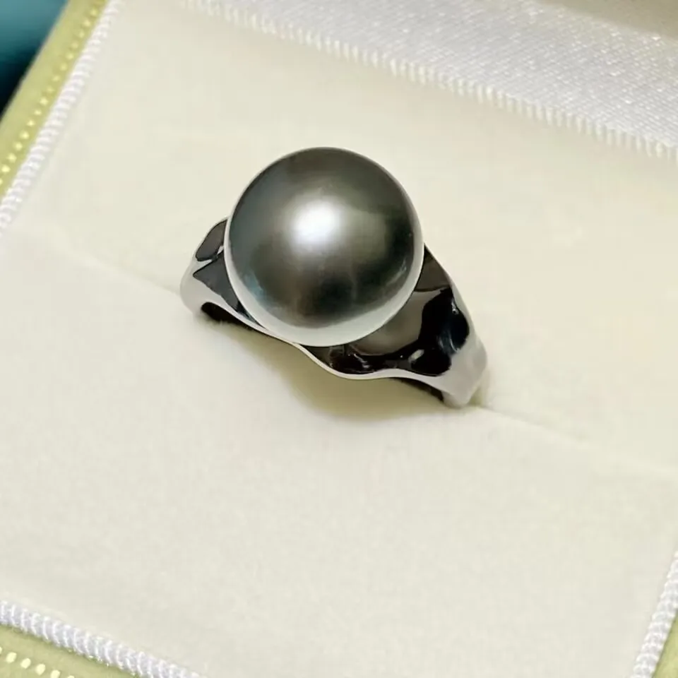 MeiBaPJ 11mm Peacock Blue Natural Round Pearl Fashion Black Ring Real 925 Silver Empty Holder Fine Wedding Jewelry For Women