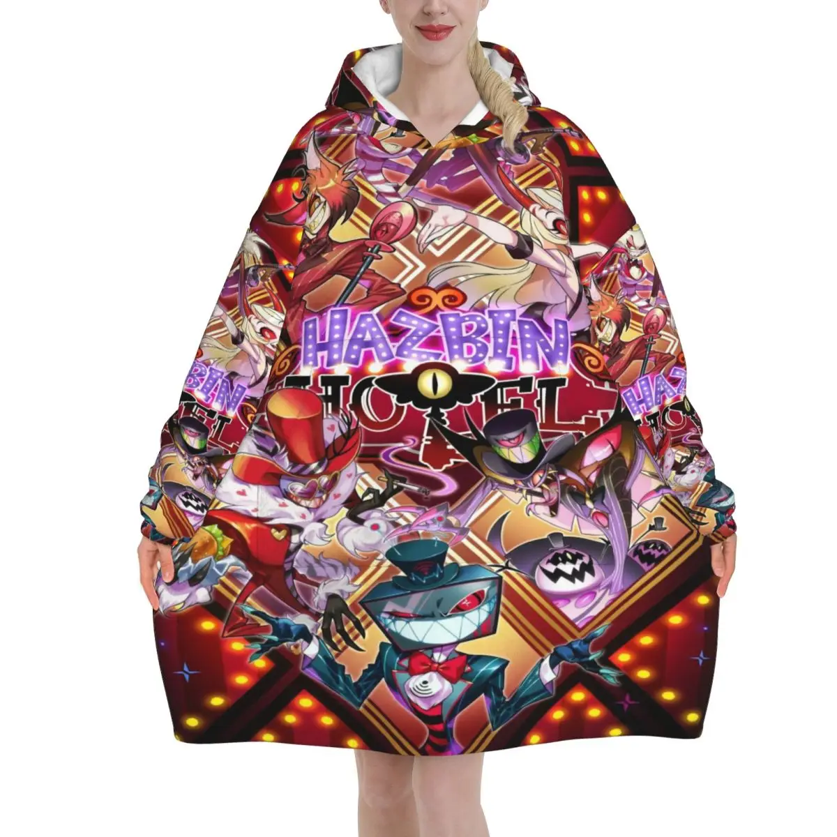 

Hazbins Hotels Alastor Vox Wearable Blanket Hoodie for Women Men Warm Cozy Large Blanket Sweatshirt Thick Fleece Hooded Blanket
