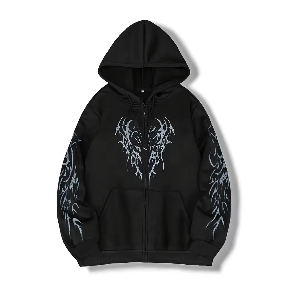 Herren Damen Gothic Dornen-Print Zip-Up Hoodie Y2K Streetwear Oversized Kapuzenjacke Harajuku Punk Langarm-Sweatshirt Mantel – Detail 4