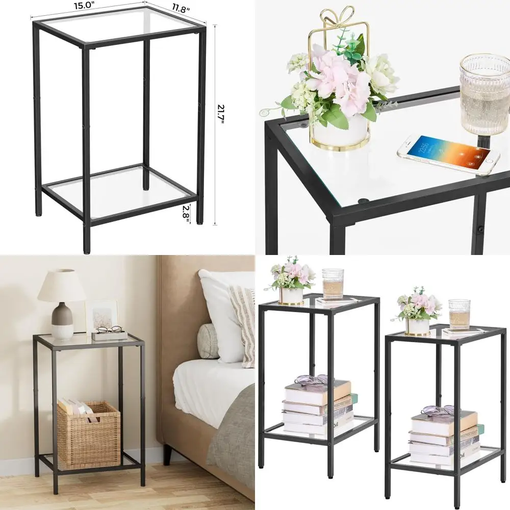 

Набор из 2 современных двухъярусных стеклянных приставных столиков с местом для хранения, 11,8 x 15 дюймов, черные, для гостиной и спальни