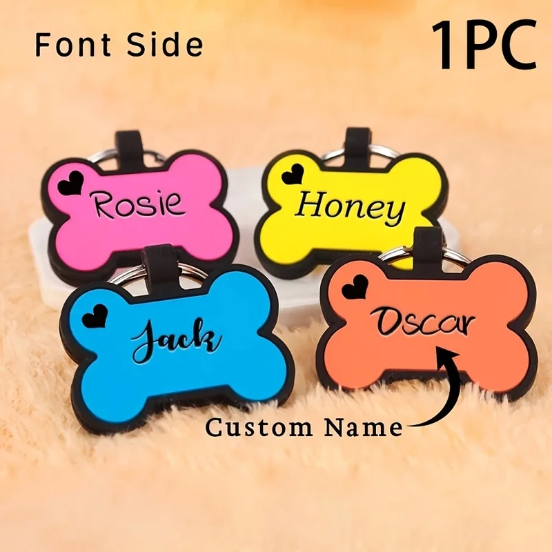 Bone-shaped silicone dog tag, double-sided custom engraved with name and phone number, heart-shaped cat ID tag included