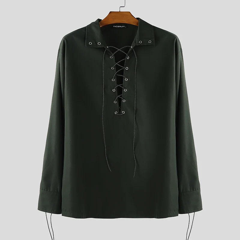 

INCERUN Мужская рубашка с лацканами и длинным рукавом на шнуровке Повседневная мужская одежда Свободная уличная одежда Модные мужские рубашки Топы в корейском стиле Однотонные