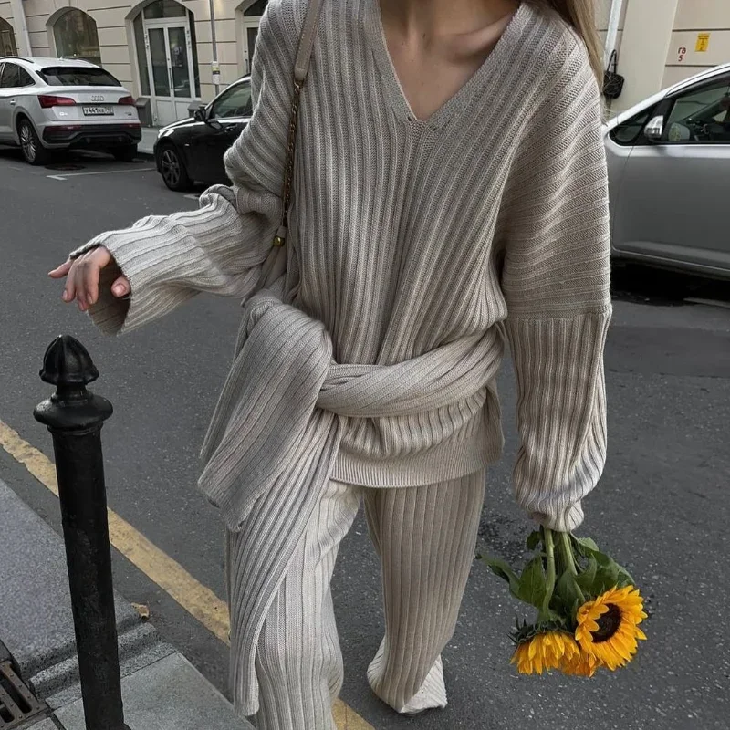 Ensemble pull et pantalon à manches longues tripartite pour femme, pull avec écharpe, streetwear chaud pour femme, fjSuits à la mode, automne et hiver 2024