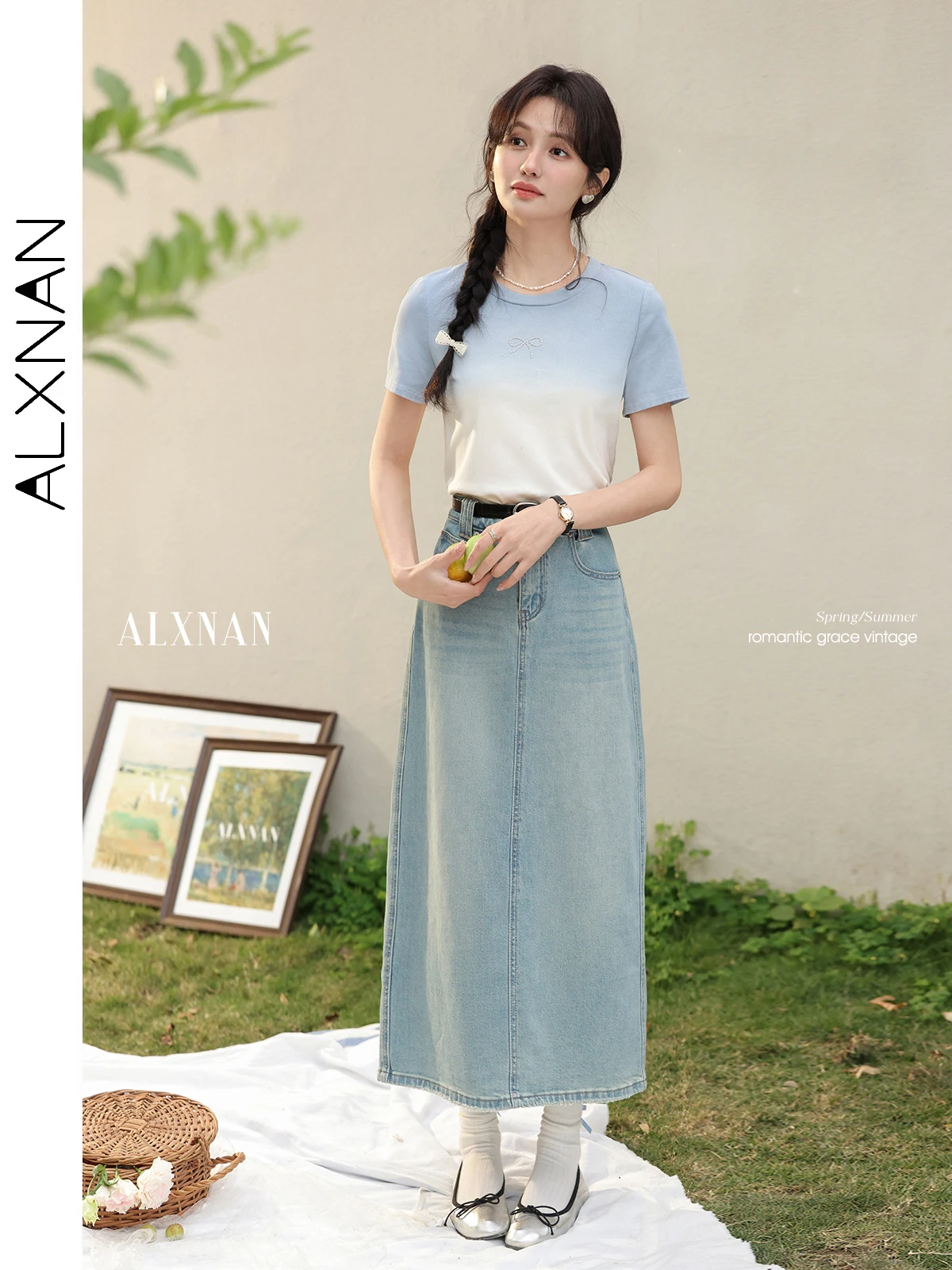 

ALXNAN синяя футболка с эффектом омбре, женские хлопковые футболки с короткими рукавами, 2025 г., свободный крой, повседневные офисные женские элегантные топы, женские L537108