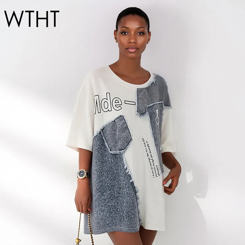 

WTHT Модная новая женская свободная футболка с контрастным принтом и цветовыми блоками, весна 2026, трендовая, с круглым вырезом, короткими рукавами, топ для женщин 1LS3024