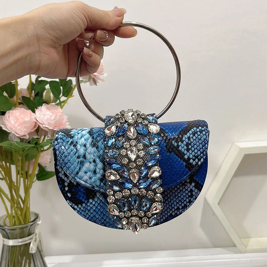 Luxury Crystal Satin Clutch Bags Women Party Evening Flap Handbags Bridal Wedding Rhinestone Ring Handle Half Moon Crossbody Bag