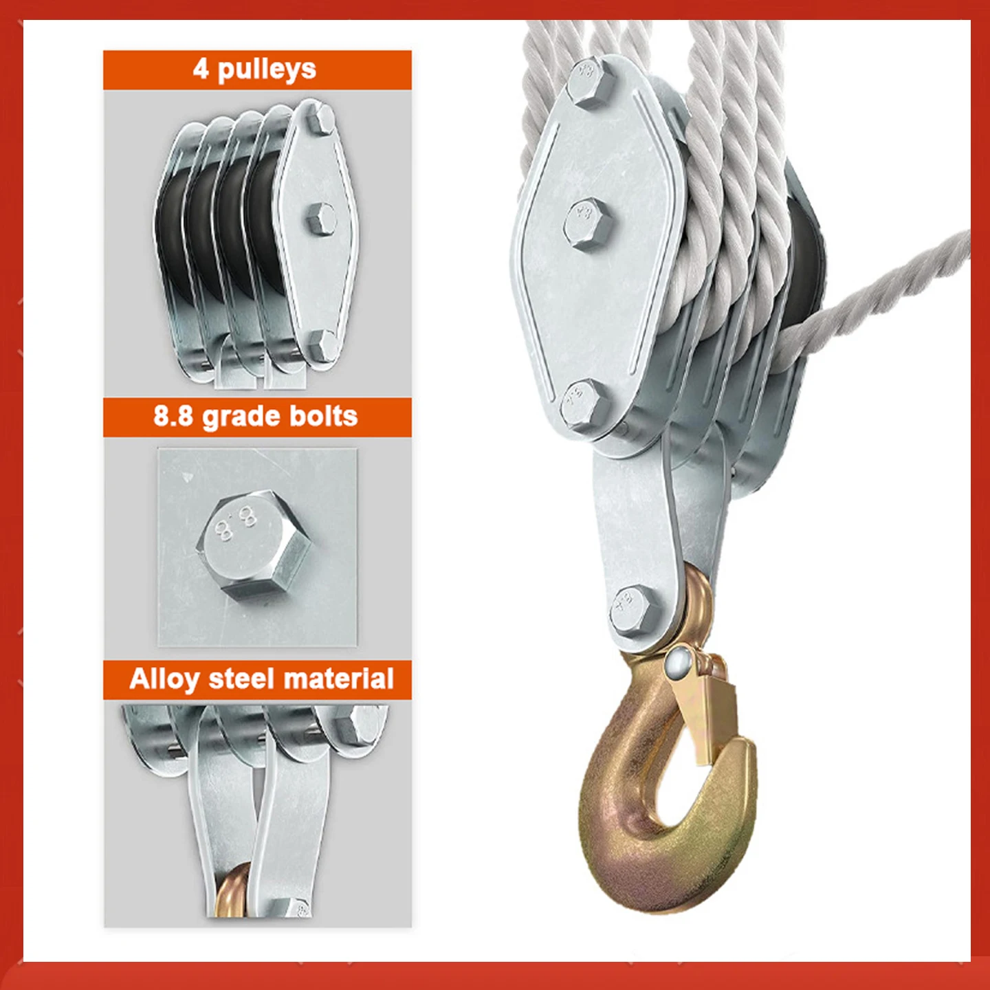 Zinc Alloy Hook  270° Rotatable Rope Pulley Block Handheld Crane Heavy Duty Polyethylene Rope Pulley Hoist Manual Lifting Device