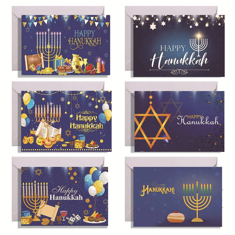 60 Cards 10 Sets of 6 Designs Hanukkah Greeting Card Set Happy Chanukah Jewish Holiday Menorah Dreidel Envelopes Stickers