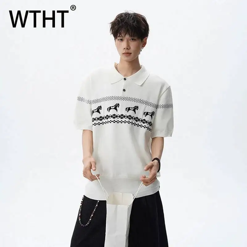 WTHT Trendy Men's Striped Embroidery Contrast Color Design T-shirts Fashion 2026 Summer Button Lapel Loose Tops Male 2A3182