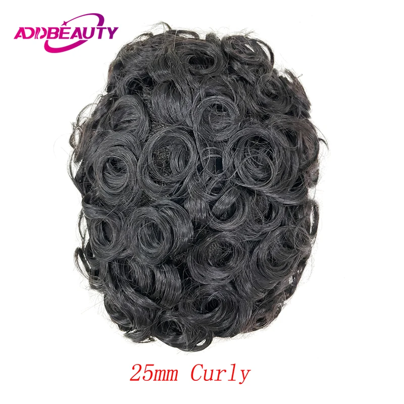 ISKIN rambut palsu pria, palsu rambut manusia keriting kulit tipis PU prostesis dengan simpul India sistem rambut Remy Unit wig alami