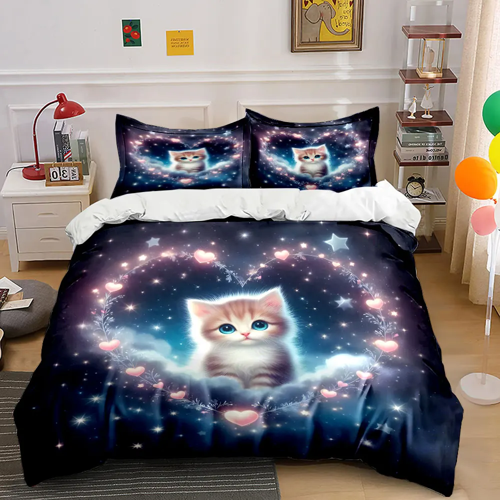 Cute kitten in dreamy starlight Bedding Set for Kids Luxury Gift 3pcs Digital Print Comforter Set Soft Comfortable Breathable