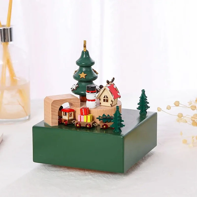 Wooden Music Box Magnetic Moving Train Merry Christmas Decoration Home Desktop Displays Collectible Supplies