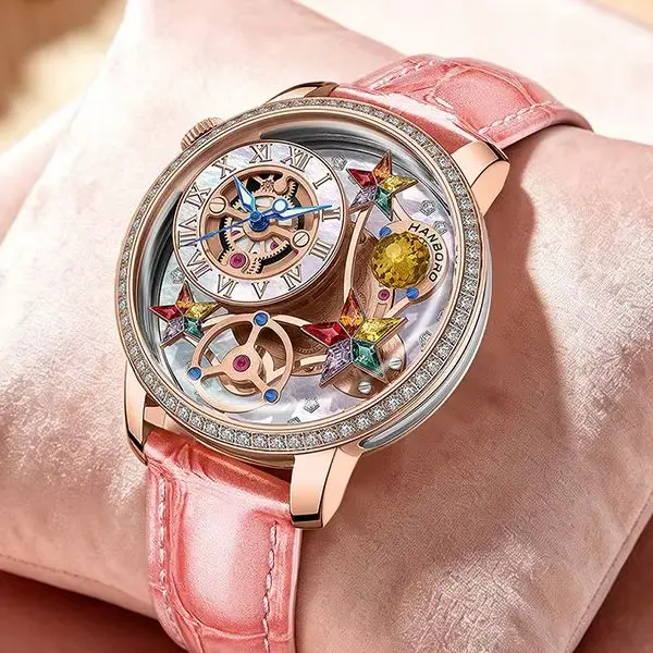 HANBORO Women Quartz Watch 40mm Ladies Wristwatch Waterproof Luminous Cosmic Celestial Bodies Dial