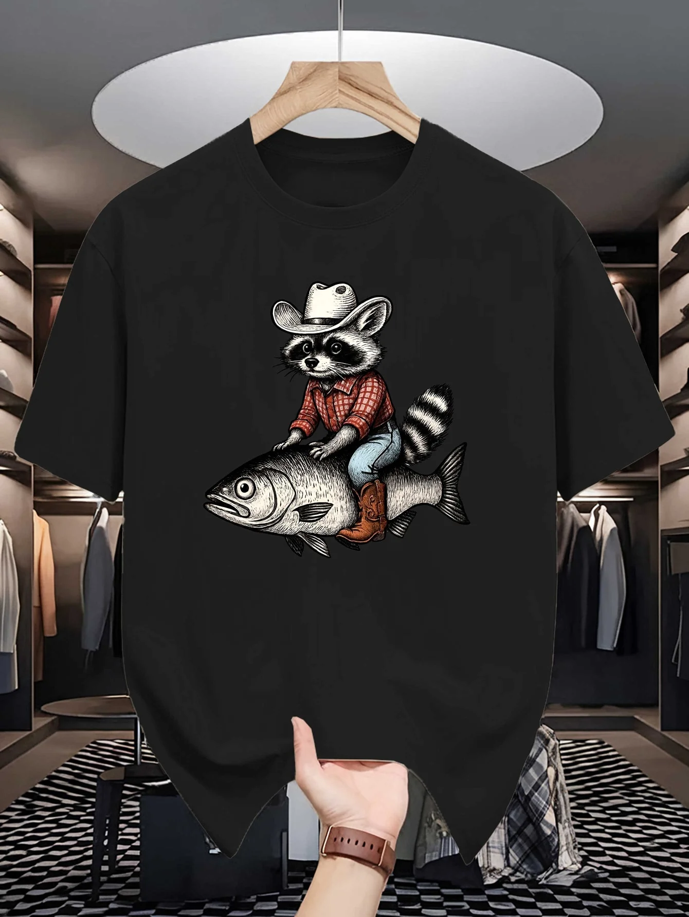 Mens Crew Neck T Shirt Cowboy Raccoon Riding Fish Cartoon Graphic Short Sleeve Casual Cotton Funny Western Animal Streetwear Tee